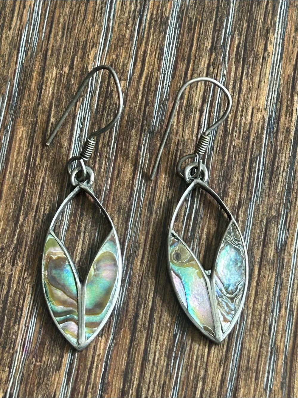 Vintage Silver Abalone Inlay Leaf Drop Earrings Iridescent Mexico